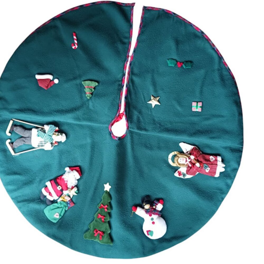 3D Green Christmas Tree Skirt; Santa Claus, Snowman, Angel, Skier Tree, 42"